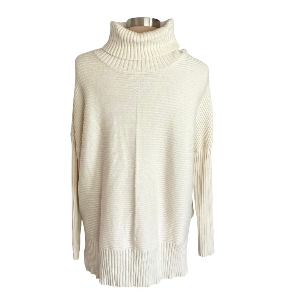 Cream Ribbed Texture Relaxed Turtleneck Sweater MED Minimalist Casual Clean Girl - Picture 4 of 7